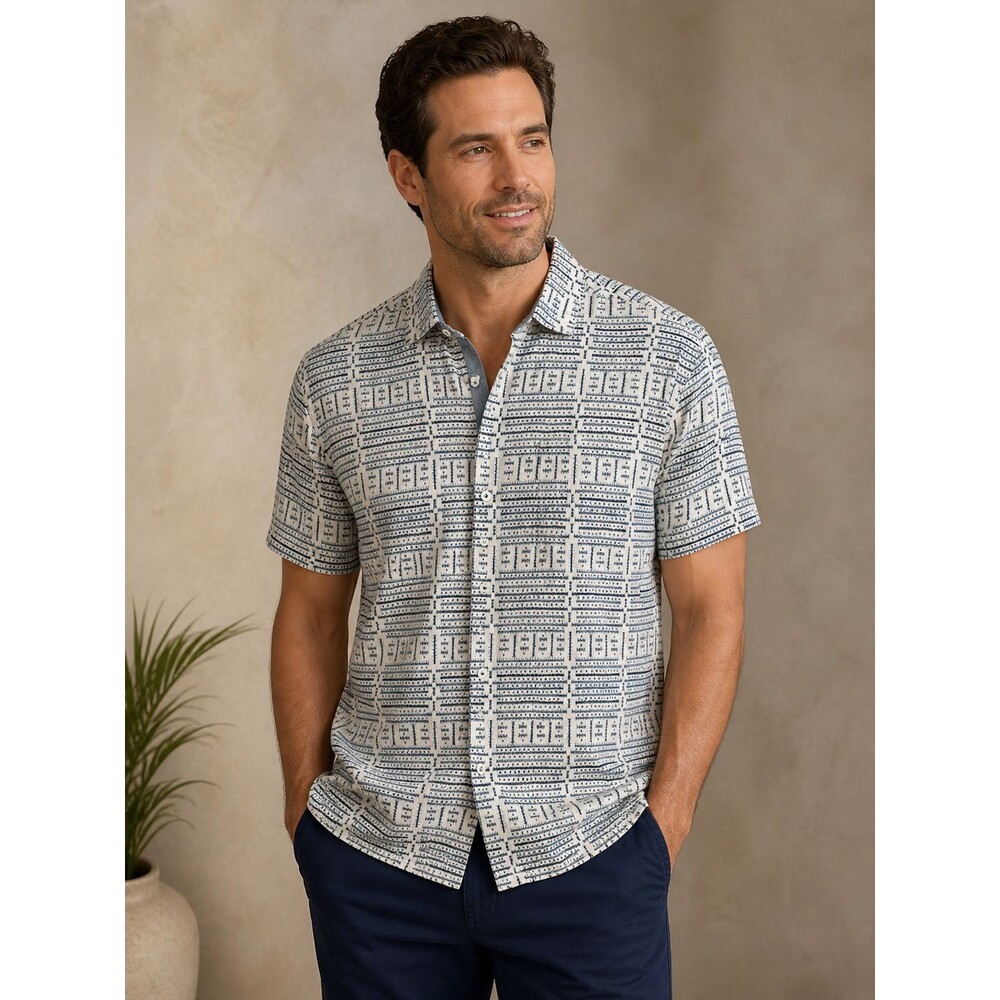 Tommy Bahama Men’s Short Sleeve Collared Shirt Silk Blue Gray Geo Pattern Sz XL